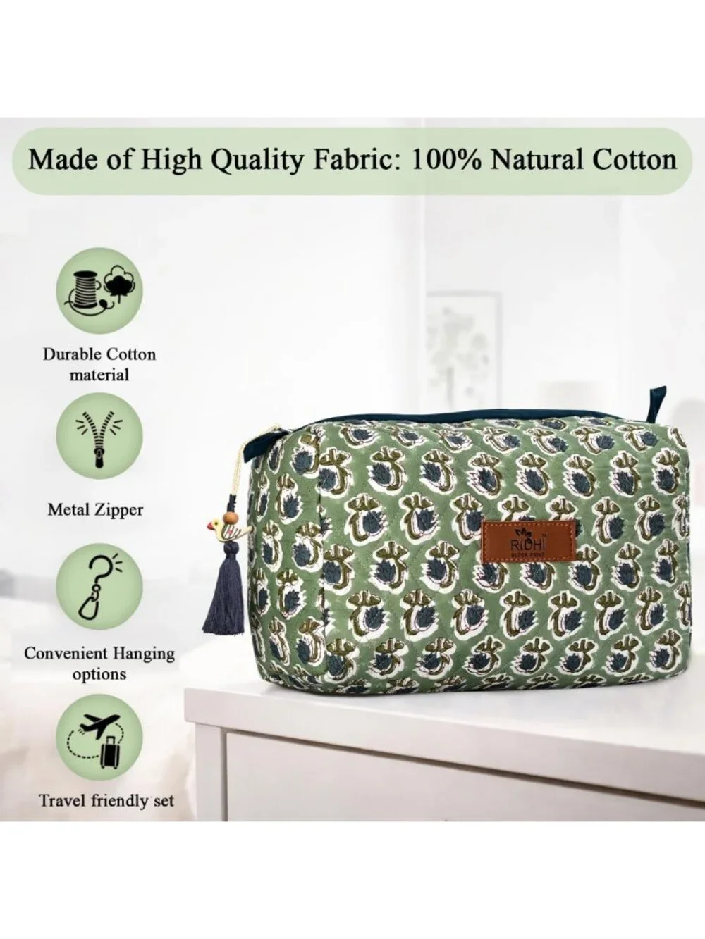Set of 3 Hand Block Print Toiletry Bags - 100% Cotton, Basil Green Design